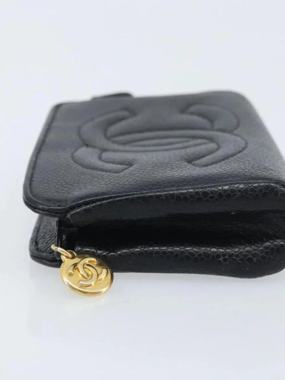 CHANEL COCO Mark Pouch Grained Calf Skin Black Gold CC Auth AMZ108